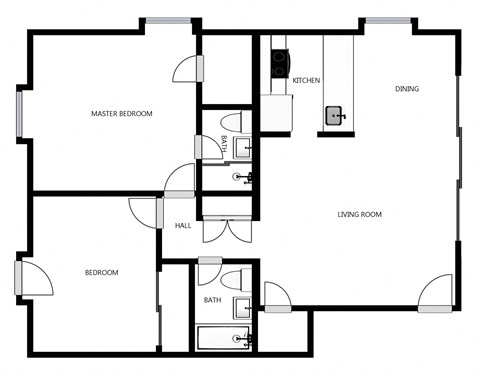 Floor plan for 2 beds, 2 baths, 1086 sqft